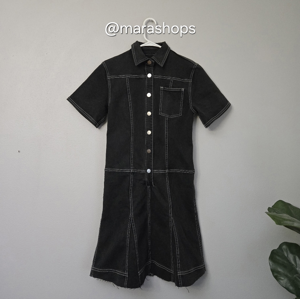Proenza Schouler Black Short Sleeve Collared Denim Dress - Picture 2 of 9